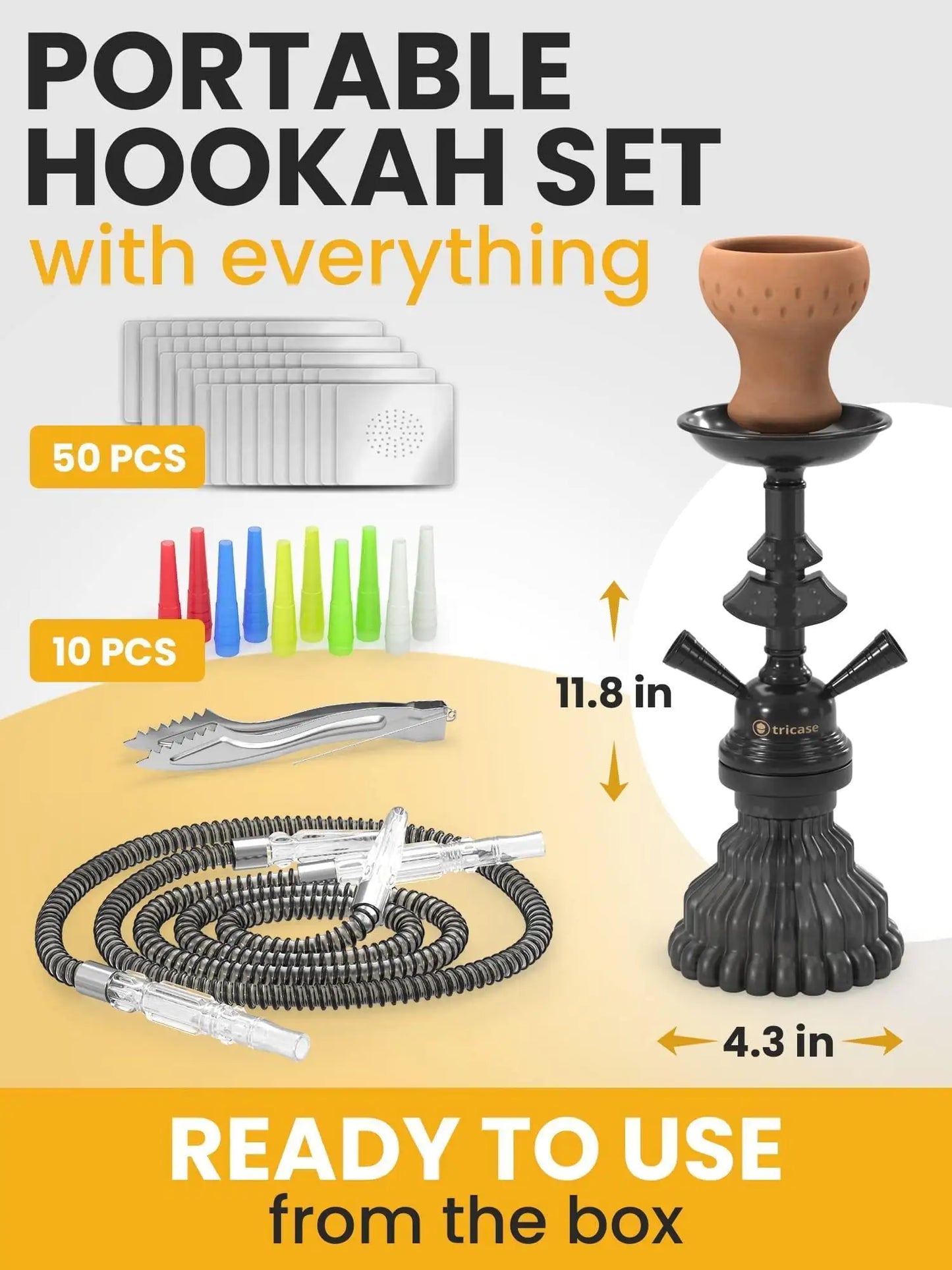 Hookah Set 2 Hose Black 12 inch Hookah 50 Foil Bowl 10 Tips 2 Mouthpieces Tongs - Sno's Finds