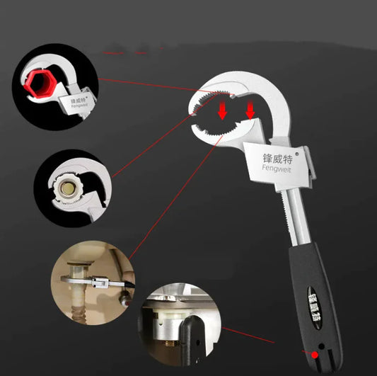 Adjustable aluminum alloy wrench for plumbing repairs, compact design.