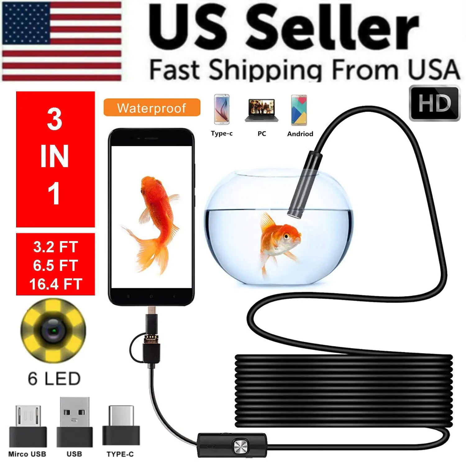 5M 6LEDs Snake Endoscope Borescope 8mm Inspection USB Camera Scope For Android - Sno's Finds