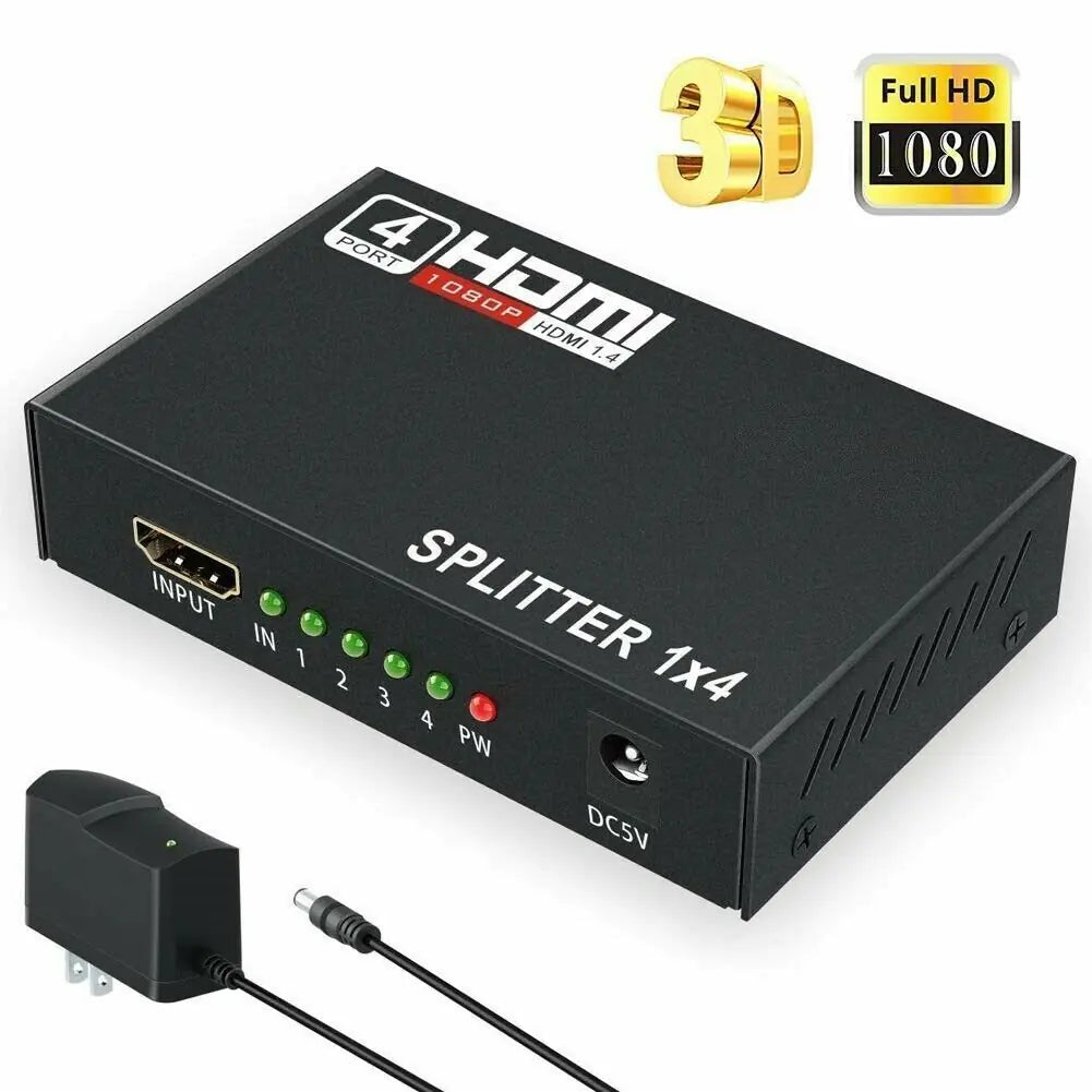 4 Port HDMI 4K Hub Multi Splitter & Amplifier For 3D HDTV 1080P 1X4 1 In 4 Out - Sno's Finds