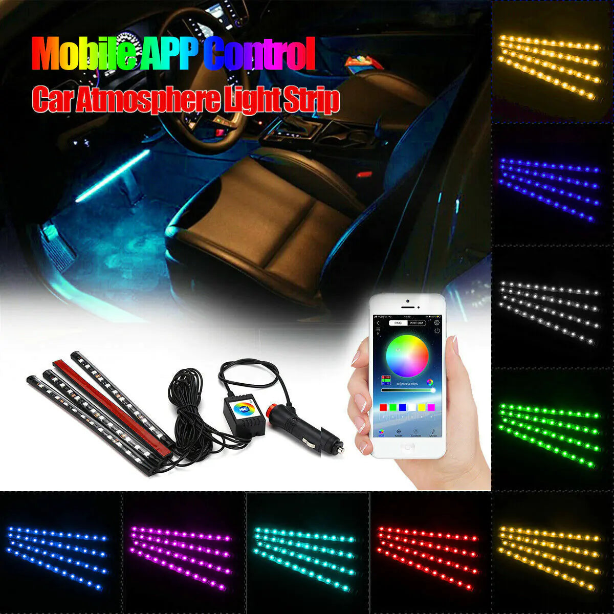 4X 48LED RGB Car Interior Atmosphere Light Strip Bar Bluetooth APP Music Control - Sno's Finds