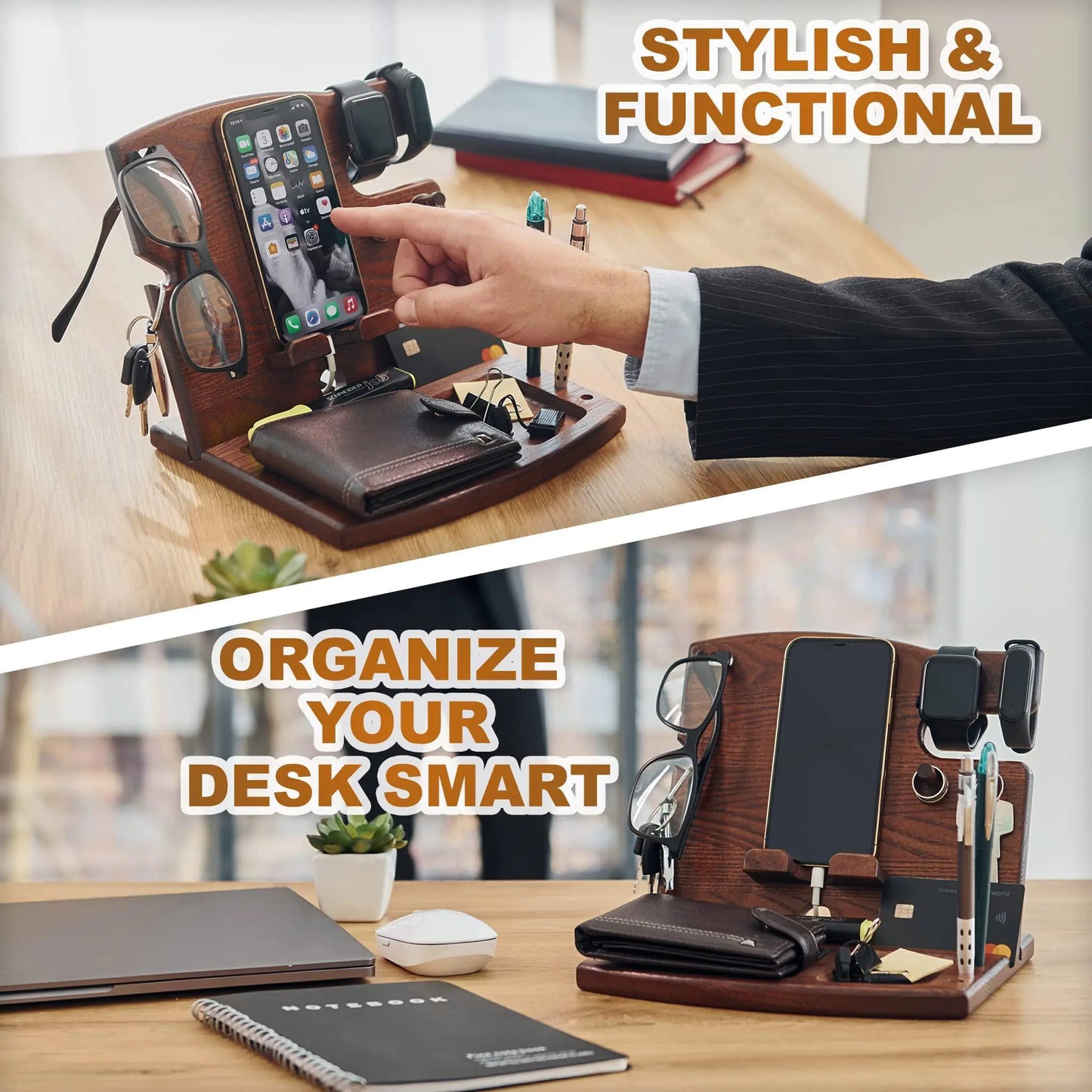 Wood Phone Docking Station Ash Key Holder Wallet Watch Stand Gadgets Organizer - Sno's Finds